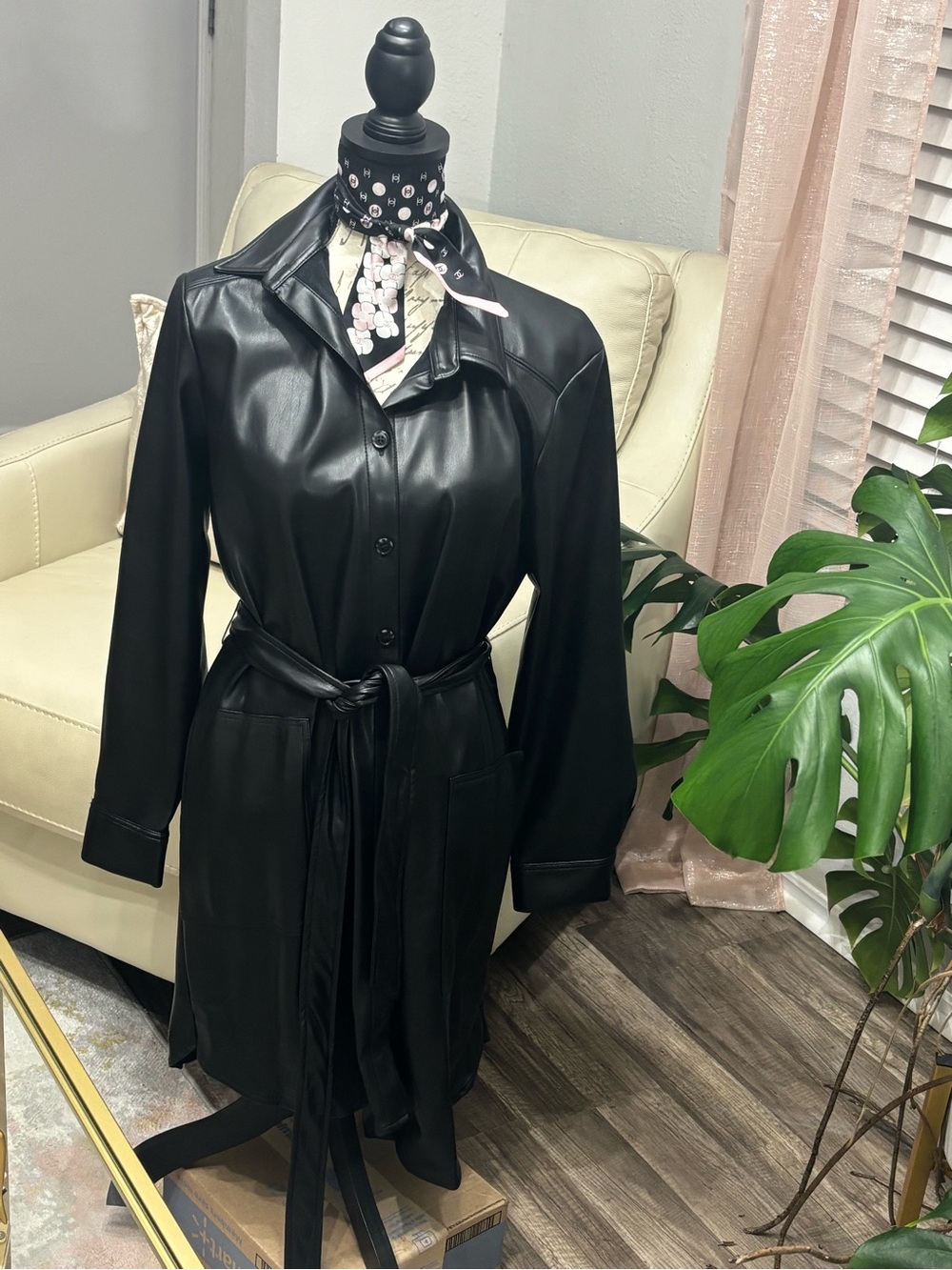 Classic Black Faux Leather shirt Dress with Tie Belt